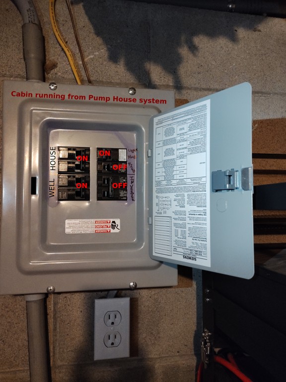 Breaker positions to run the cabin from the pump house electrical system.